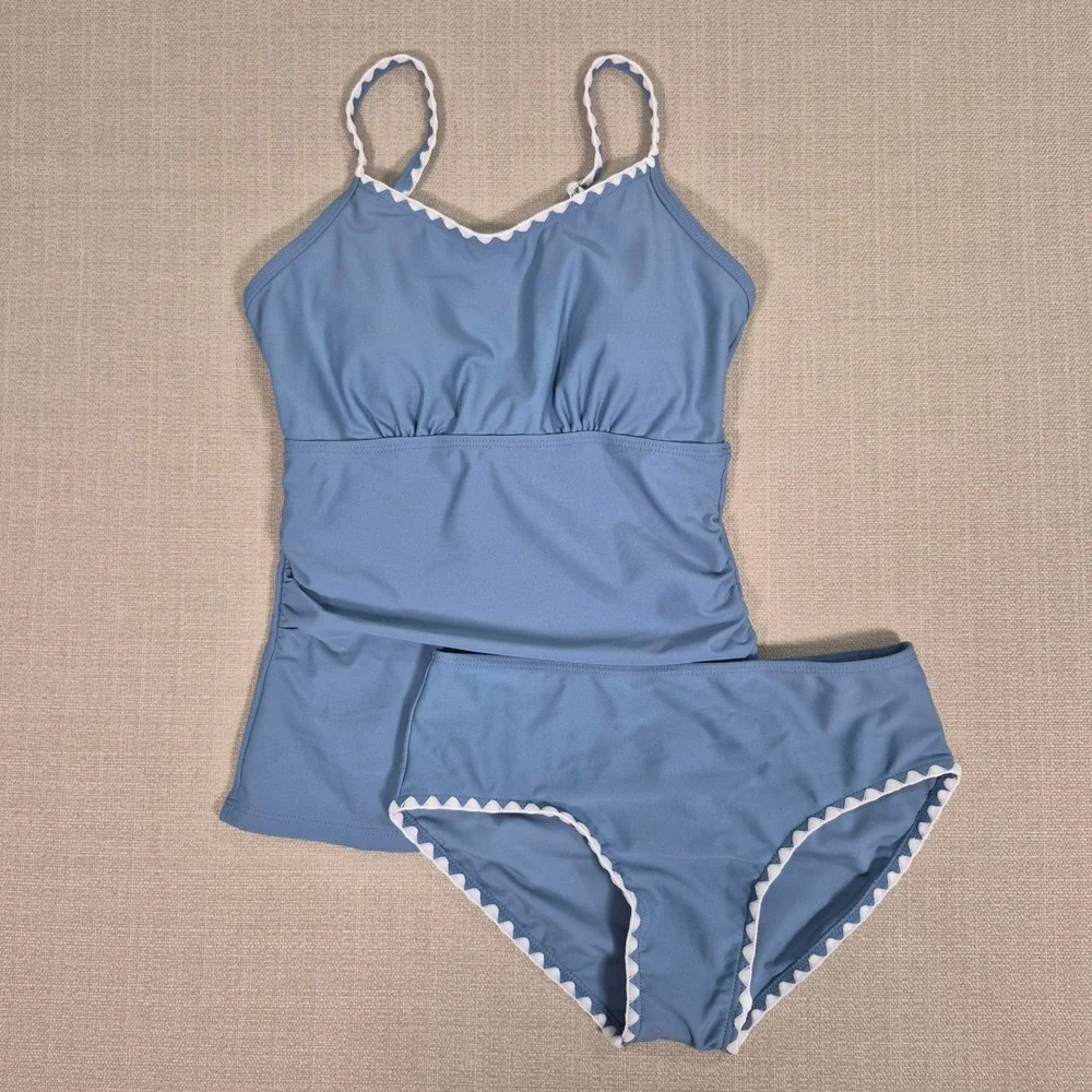 Girls Blue Ric Rac Trim Tankini Swimsuit Set Size 11-12Y Adjustable Straps